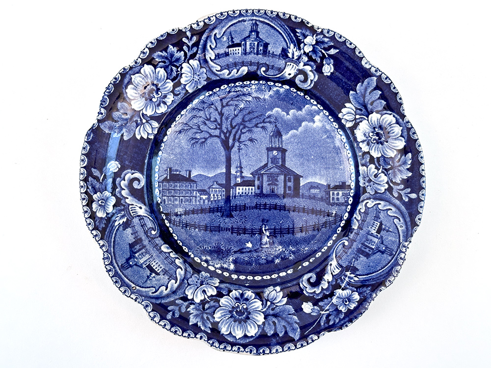 clews winter view of pittsfield mass dark blue historical stafforshire salad plate